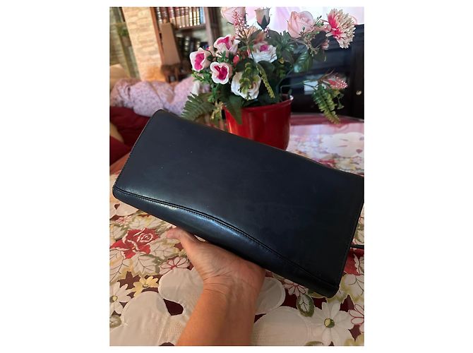 Christian Dior Borsa a mano nera in pelle con logo CD Blu - vista 3