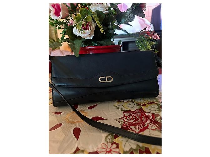 Christian Dior Borsa a mano nera in pelle con logo CD Blu - vista 6