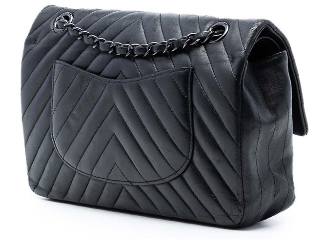 Chanel Nero Medio Classico Chevron Pelle di Agnello So Black Doppio Flap - vista 2