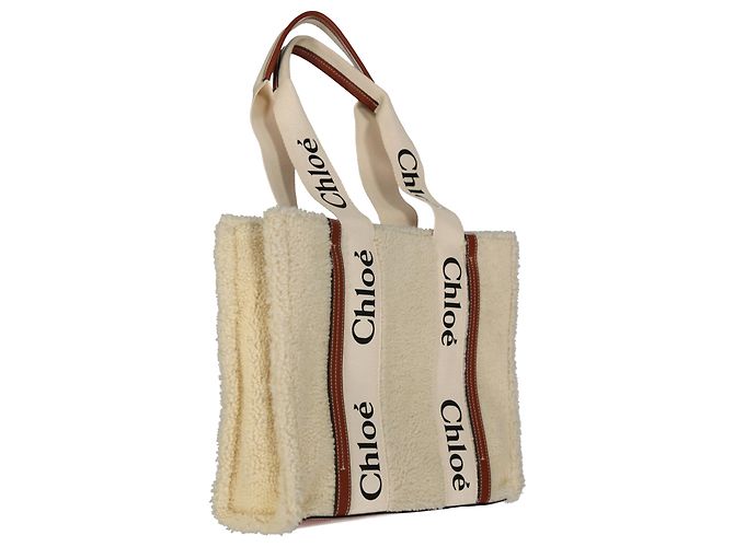 Borsa Tote Woody in shearling di Chloé Marrone Beige - vista 3
