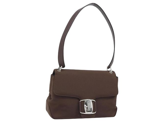 Borsa a Spalla Vala in Nylon Marrone e Argento di Salvatore Ferragamo Auth gh1918 - vista 2