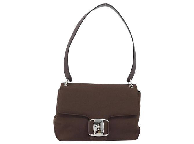 Borsa a Spalla Vala in Nylon Marrone e Argento di Salvatore Ferragamo Auth gh1918 - vista 3