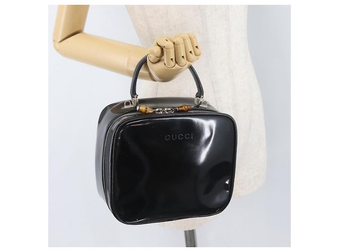 Borsa a mano GUCCI in pelle verniciata nera e argento Bamboo 000 270 0323 Auth ep13896 Nero - vista 22