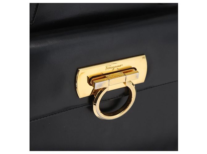 Borsa a mano in pelle Gancini Salvatore Ferragamo 2 in 1 Nero Oro Auth ARZ417 - vista 16