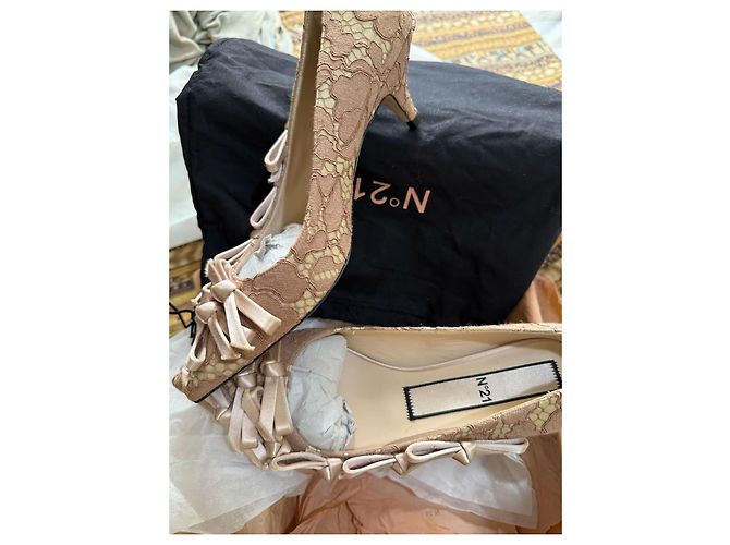 Autre Marque Décolleté in pelle con pizzo Cognac - vista 4