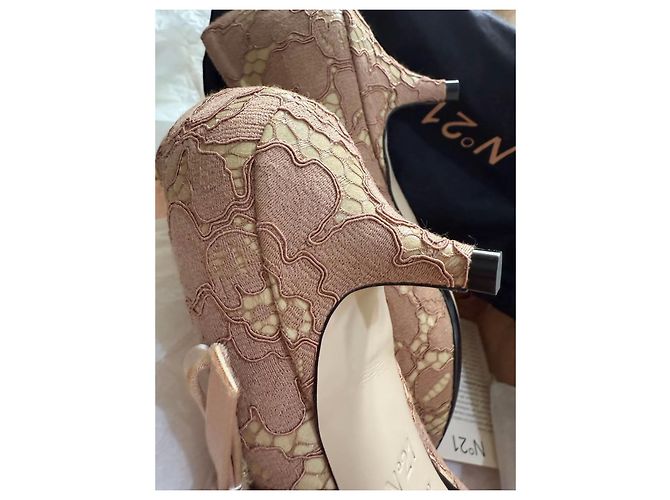 Autre Marque Décolleté in pelle con pizzo Cognac - vista 6