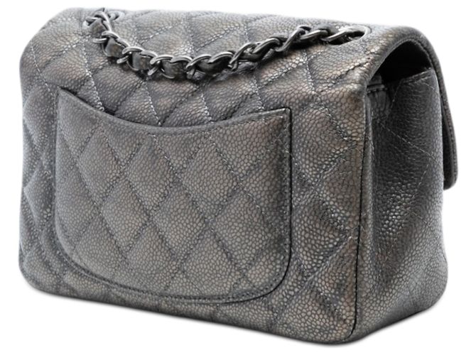 Chanel Mini Retangular Clássico Metálico Caviar Cinza com Aba Única Marrom Cinza antracite - vista 2