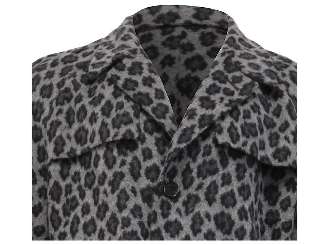 Saint Laurent Leopard-Print Belted Coat in Grey Wool - view 2