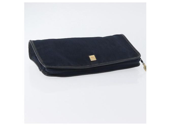Borsa Clutch in Tela Trotter Christian Dior 2 Pezzi Blu Navy Oro Auth ep13971 - vista 5