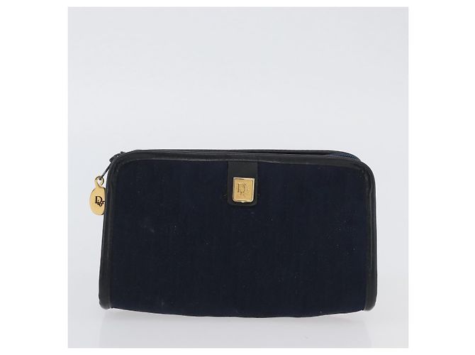 Borsa Clutch in Tela Trotter Christian Dior 2 Pezzi Blu Navy Oro Auth ep13971 - vista 9