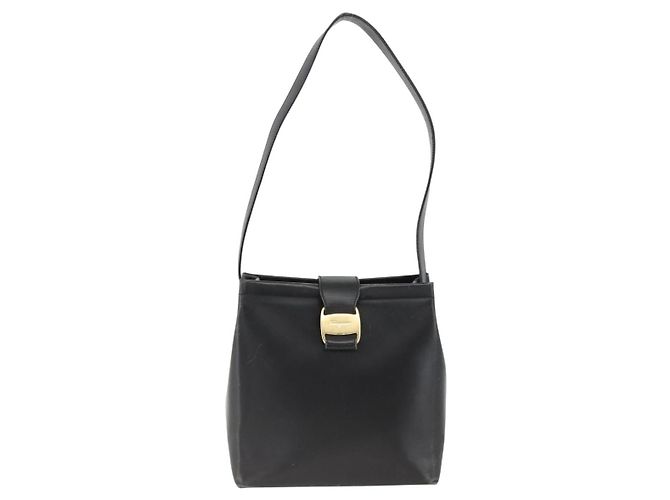 Borsa a Spalla Vala in Pelle Nera e Oro Salvatore Ferragamo Auth gh1917 Nero D'oro - vista 2