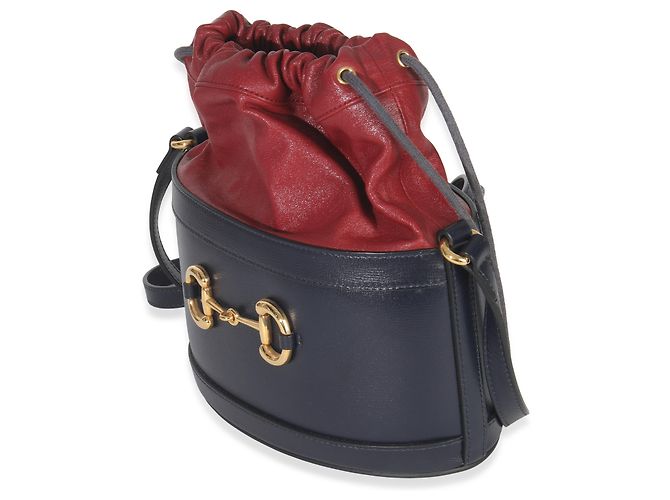 Borsa a secchiello con coulisse in pelle di vitello rossa e blu navy Horsebit 1955 di Gucci Rosso - vista 3