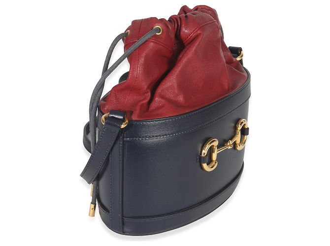 Borsa a secchiello con coulisse in pelle di vitello rossa e blu navy Horsebit 1955 di Gucci Rosso - vista 4