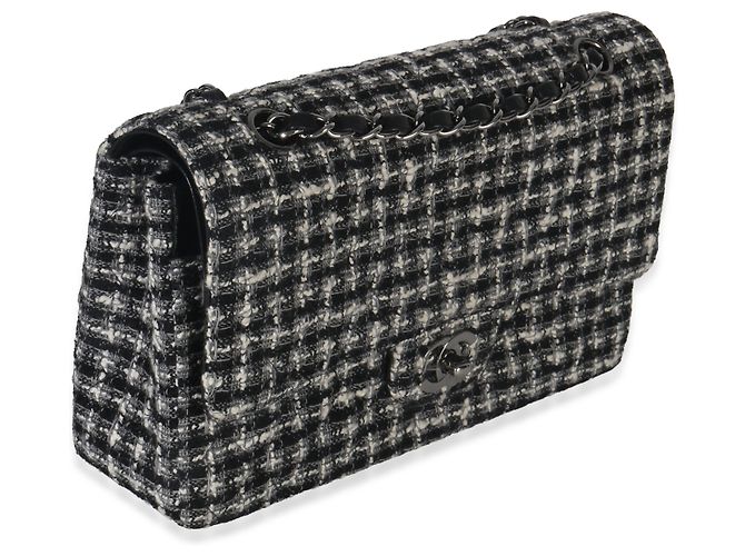 Timeless Chanel Preto Branco Tweed Matelassê Médio Clássico Duplo Marrom - vista 4