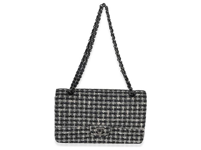 Timeless Chanel Preto Branco Tweed Matelassê Médio Clássico Duplo Marrom - vista 5