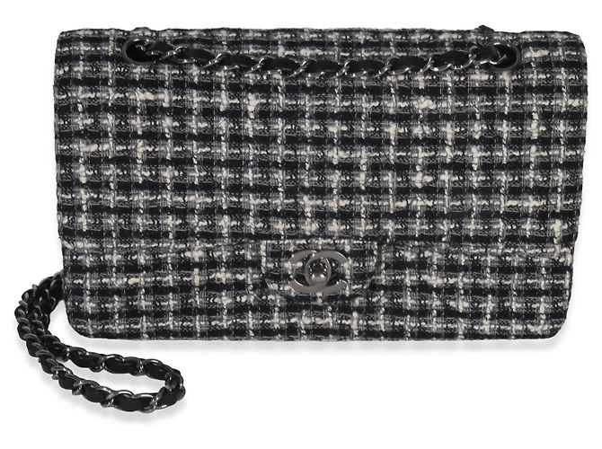 Timeless Chanel Preto Branco Tweed Matelassê Médio Clássico Duplo Marrom - vista 8