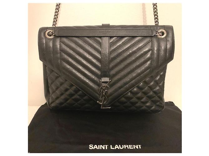 Saint Laurent Borsa a Spalla Ysl Grande Triquilt Envelope in Pelle Grana Nero - vista 12