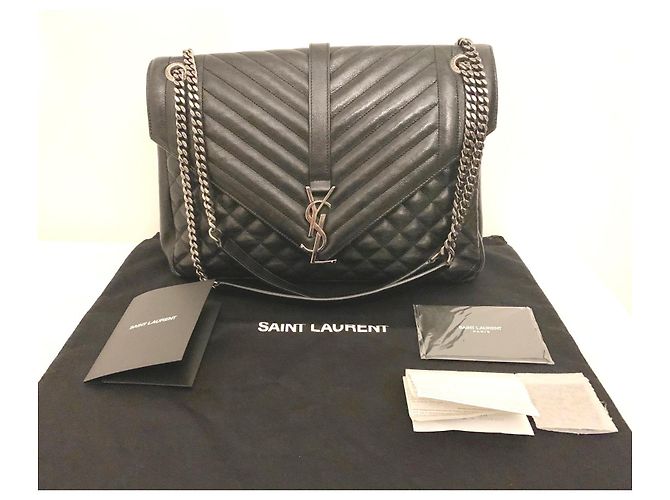 Saint Laurent Borsa a Spalla Ysl Grande Triquilt Envelope in Pelle Grana Nero - vista 2