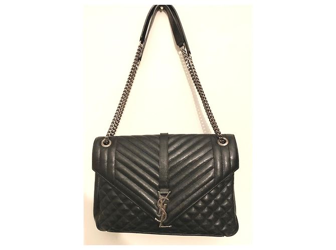 Saint Laurent Borsa a Spalla Ysl Grande Triquilt Envelope in Pelle Grana Nero - vista 9