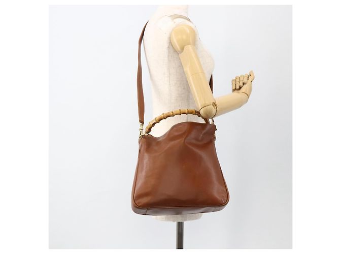 Borsa a mano in pelle GUCCI Bamboo 2way Marrone Oro 001 2113 1638 Auth BSZ494 D'oro - vista 23