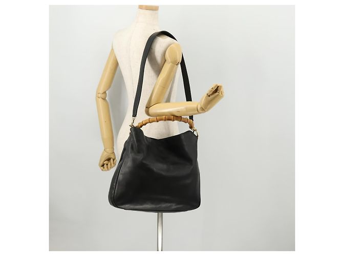 Borsa a spalla in pelle Gucci Bamboo 2way nera e oro Auth kk638 Nero D'oro - vista 23