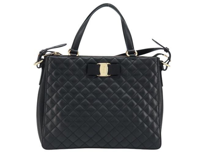 Borsa a mano Vala in pelle 2 in 1 nera e dorata di Salvatore Ferragamo Auth gh1879 - vista 13