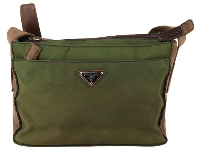 PRADA Schultertasche Nylon Leder Khaki Braun Silber Authentisch 173537 - Ansicht 13