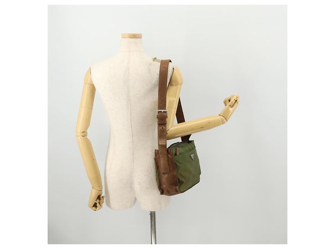 PRADA Schultertasche Nylon Leder Khaki Braun Silber Authentisch 173537 - Ansicht 24