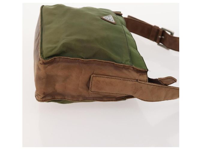 PRADA Schultertasche Nylon Leder Khaki Braun Silber Authentisch 173537 - Ansicht 3