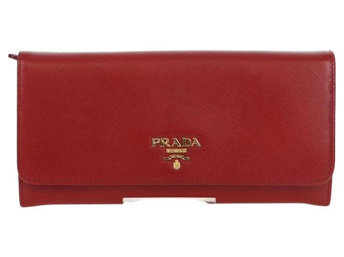 Saffiano PRADA Cartera Larga de cuero Safiano Roja Dorada Auth fm5264 Dorado - vista 13
