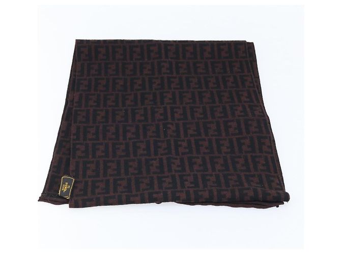 FENDI Sciarpa in Tela Zucca Lana Nera Marrone Auth am10995 Nero - vista 7