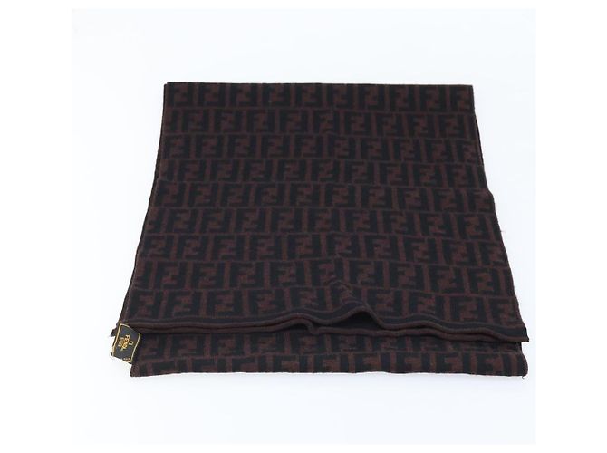 FENDI Sciarpa in Tela Zucca Lana Nera Marrone Auth am10995 Nero - vista 8