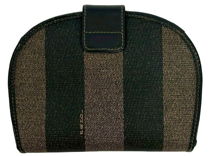 Fendi Pequin Pattern Stripe Logo Leather Bi-fold Wallet Brown Black - view 2