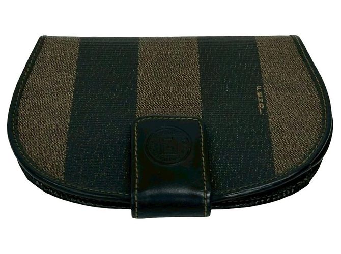Fendi Pequin Pattern Stripe Logo Leather Bi-fold Wallet Brown Black - view 3