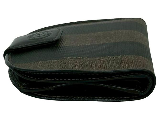 Fendi Pequin Pattern Stripe Logo Leather Bi-fold Wallet Brown Black - view 4