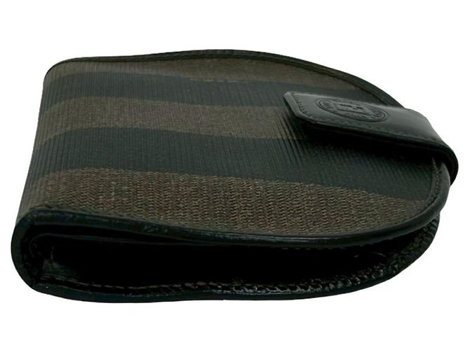 Fendi Pequin Pattern Stripe Logo Leather Bi-fold Wallet Brown Black - view 5
