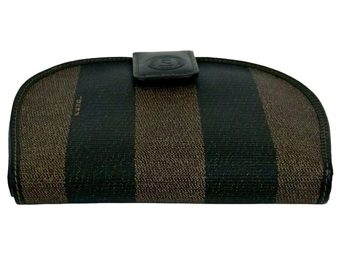 Fendi Pequin Pattern Stripe Logo Leather Bi-fold Wallet Brown Black - view 6