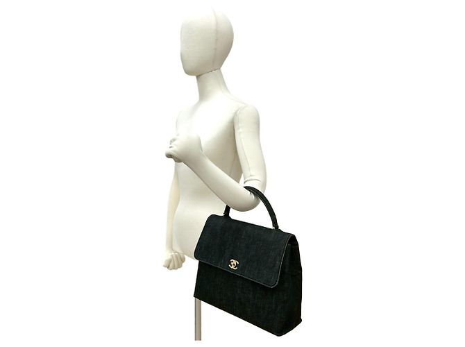 Chanel Coco Mark Baumwoll-Denim-Leder-Handtasche Schwarz - Ansicht 2