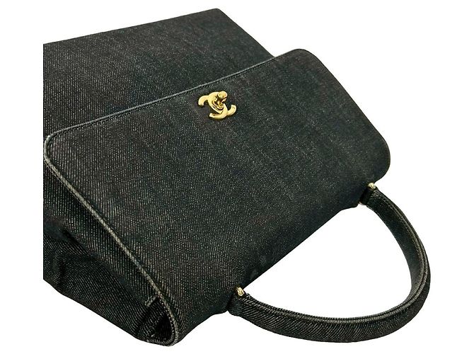 Chanel Coco Mark Baumwoll-Denim-Leder-Handtasche Schwarz - Ansicht 4