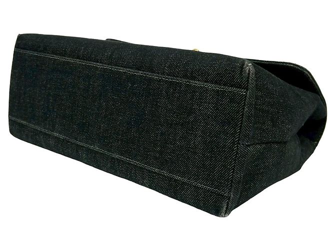Chanel Coco Mark Baumwoll-Denim-Leder-Handtasche Schwarz - Ansicht 8