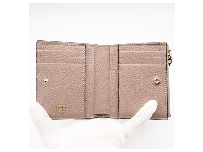 Portefeuille bi-fold Valentino en cuir beige - vue 9