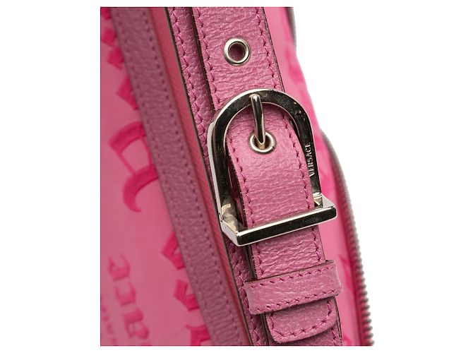 Borsa a mano in tela rosa con logo gotico ripetuto Versace - vista 9