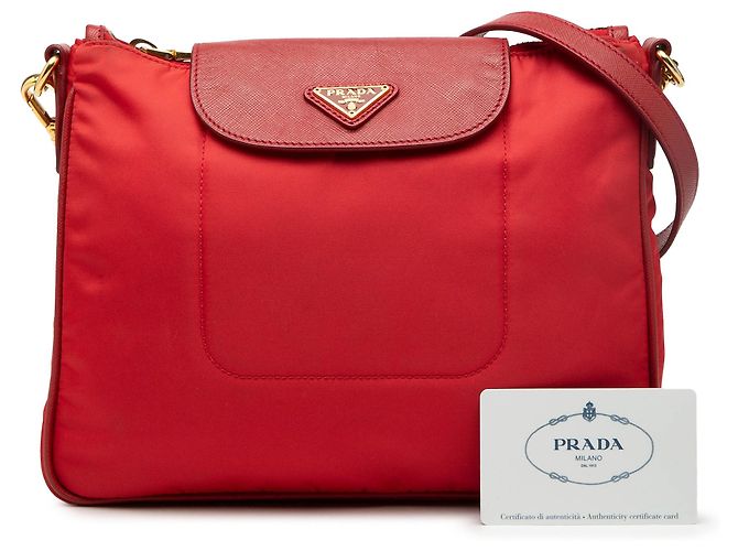 Borsa a tracolla in tessuto con rifiniture Saffiano rosse di Prada Rosso - vista 7
