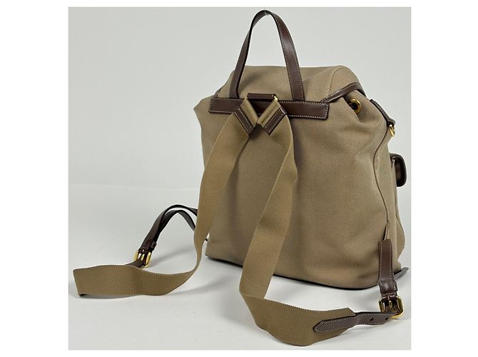 Jacquard Sac à dos en toile et cuir beige marron Prada - vue 2