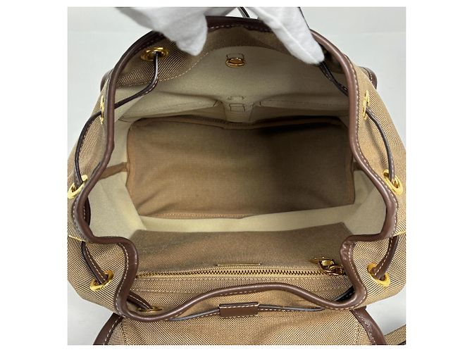 Jacquard Sac à dos en toile et cuir beige marron Prada - vue 8