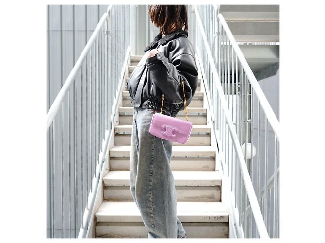 Céline Borsa a spalla Celine Triomphe in pelle di vitello rosa - vista 13