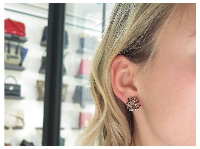 NEW CHANEL CUBE LOGO CC 3D GOLD METAL STUD EARRINGS Golden - view 9