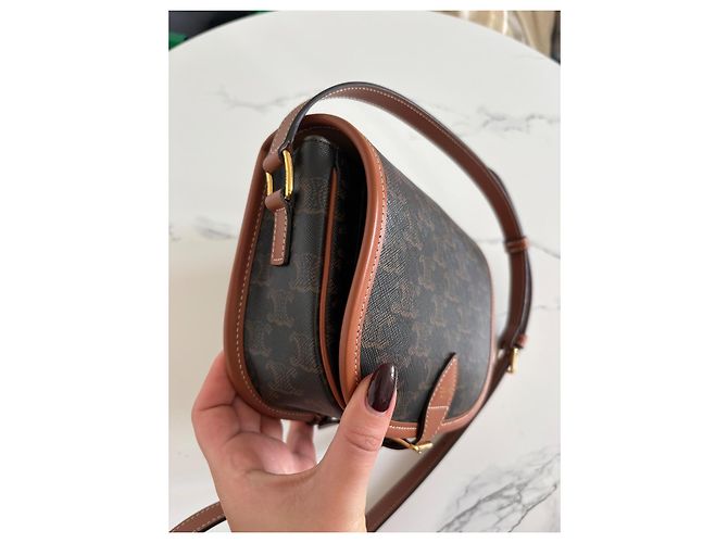 Borsa Céline Folco in tela Triomphe Marrone - vista 3