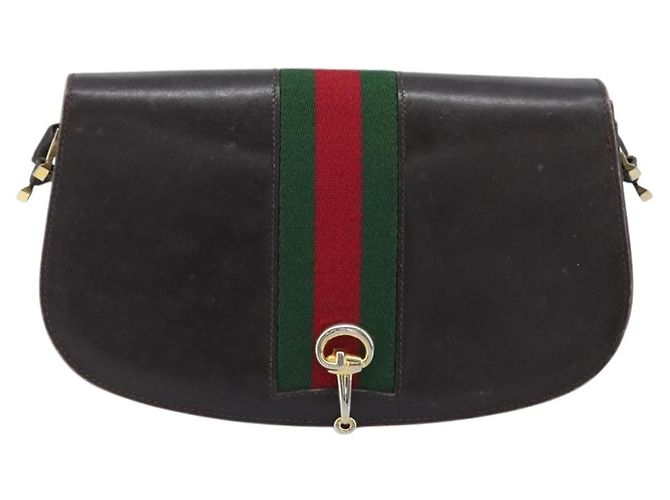 Borsa a spalla in pelle Sherry Line Horsebit Web GUCCI marrone scuro oro Auth ep13957 D'oro - vista 13