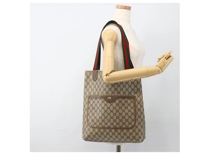 Borsa tote Gucci GG Supreme Web Sherry Line in PVC beige e oro 39 02 003 Auth BSZ492 - vista 21
